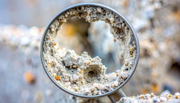 Detailed macro of a metal pipe obstructed by limescale and mineral buildup. A powerful metaphor for plumbing issues, technical maintenance, and hard water damage in domestic systems.