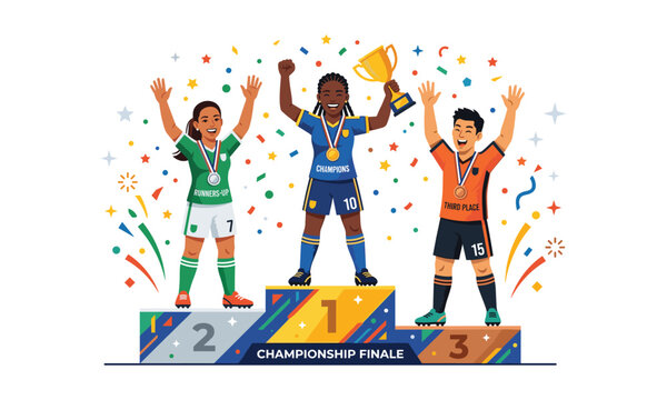 Diverse soccer players celebrating victory on podium, holding golden trophy and medals amid colorful confetti at championship finale sports tournament.