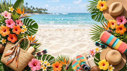Fototapeta premium Bright summer background with tropical flowers