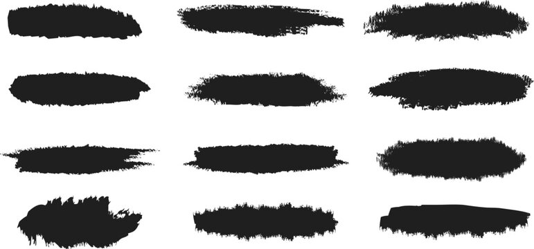 Set of distressed ink brush strokes and horizontal grunge design elements for texture and redaction.