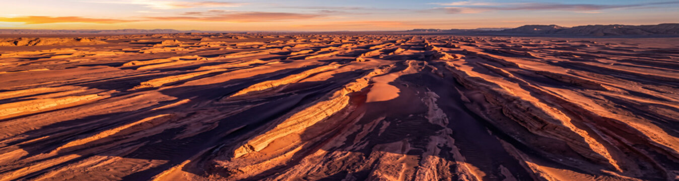 Abstract wind-carved yardang ridges in the desert landscape during golden hour sunset