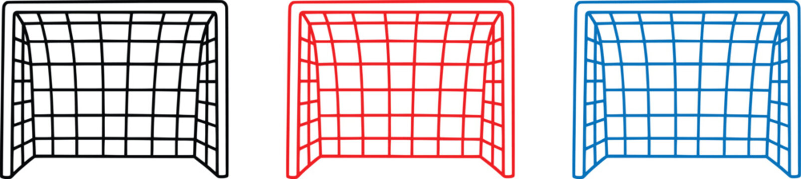 Soccer goal post vector icon set, football gate net outline silhouette in colorful design