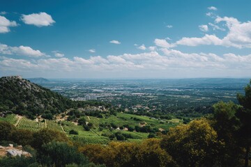 Fototapeta premium Panoramic View of a Lush Green Valley Leading to a Sprawling City Under a Bright Blue Sky with Fluffy White Clouds on a Sunny Day