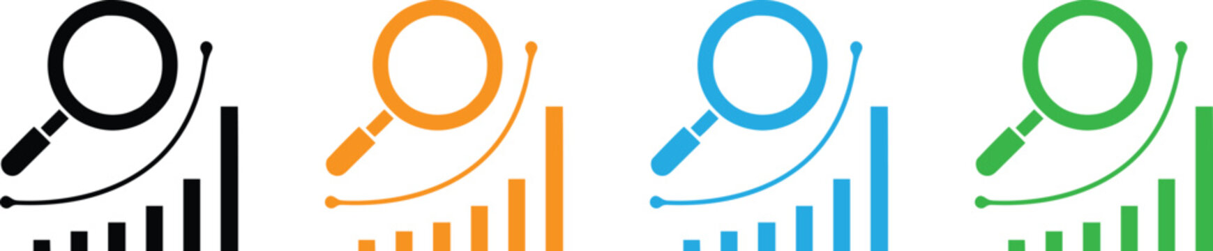 Data analysis vector icon set, magnifying glass with growing bar graph chart silhouette for financial research