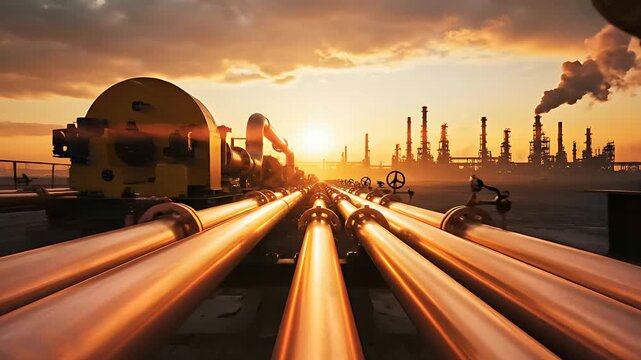 Industrial pipelines stretching toward an oil refinery at sunset. Rows of metallic gas pipes with valves leading to a petrochemical plant. Energy infrastructure concept for oil and gas marketing.