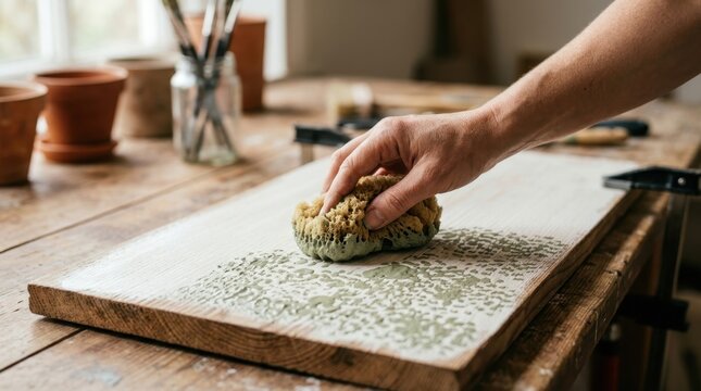 Person using a sponge to apply green paint pattern to a wooden board