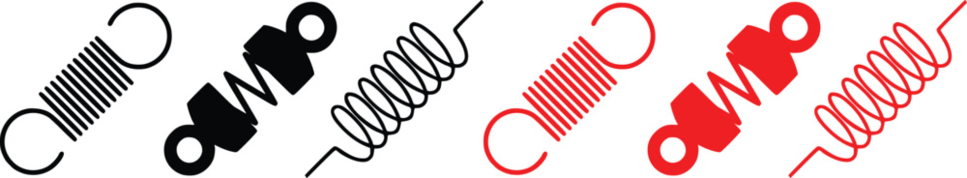 Metal spring vector icon set, mechanical coil spring and automotive shock absorber silhouette