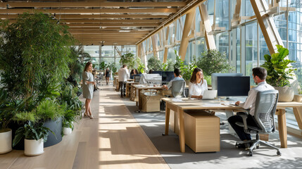 Happy corporate team working in a bright and modern open office environment.