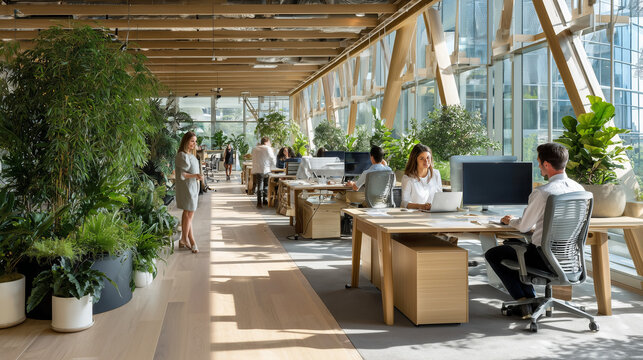  Happy corporate team working in a bright and modern open office environment.
