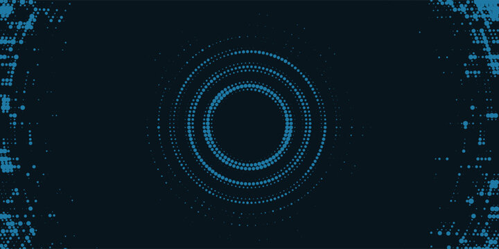 Digital circles of blue glowing dots. Information particles in a neural network. Big data visualization into cyberspace. Vector illustration.