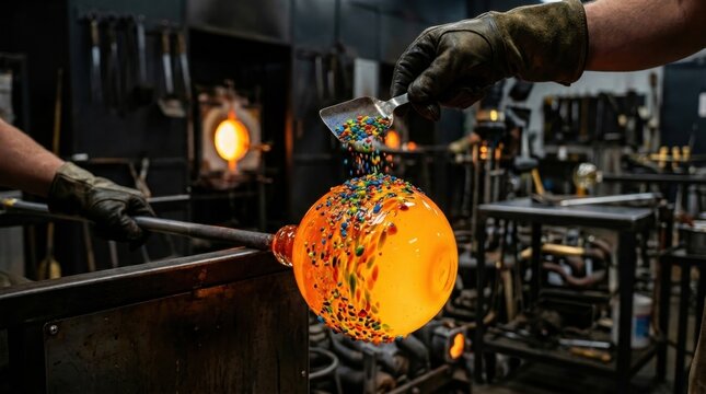 Glassblower adding colorful frit to a molten glass sphere in a workshop