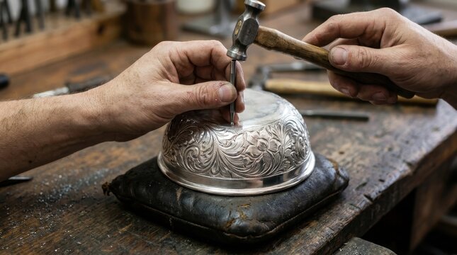 Closeup of a silversmith engraving a floral pattern on a metal bowl