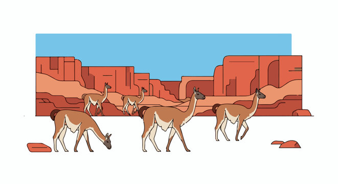 Five guanacos walk across a rocky, desert landscape under a blue sky