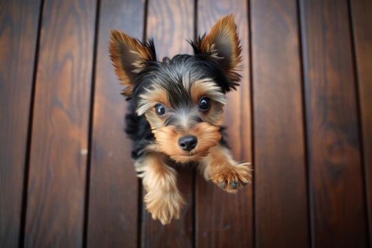 Yorkie looking up at camera animal pet mammal.