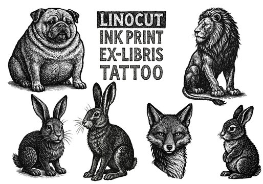 Dog, lion, hare, rabbit, fox, tattoo, print, linocut stamp, ex libris, ink