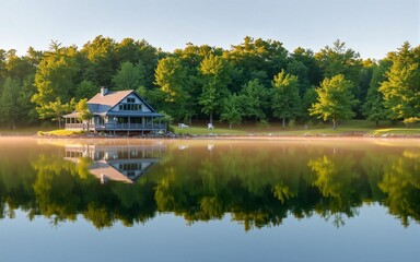 Fototapeta premium Waterfront Cottage with Forest Reflection on Calm Lake