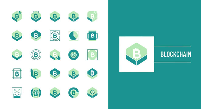 Collection of Blockchain and Cryptocurrency Icons with Hexagonal and Geometric Designs