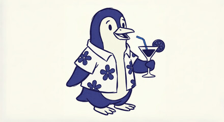 Obraz premium Retro cartoon penguin character wearing aloha shirt, funny penguin holding tropical cocktail drink, vintage blue and white summer vacation vector