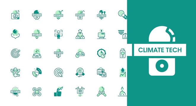 Climate tech icons collection featuring clean energy, sustainability, and environmental solutions for a greener future