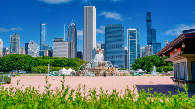 Chicago, IL - July 25, 2024: Downtown Chicago skyscrapers with blue sky from Grant Park