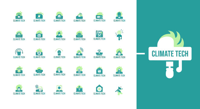 A collection of climate technology icons and logo designs, showcasing innovation and sustainability for a greener future