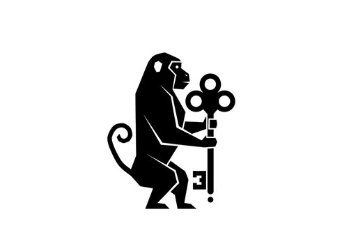 Monkey silhouette holding a large skeleton key on white background