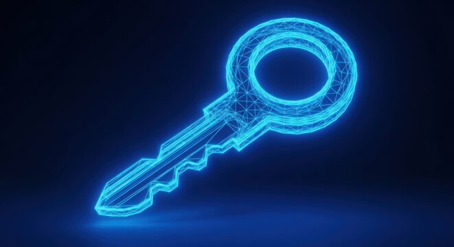 Digital glowing key icon made of blue wireframe lines illustration