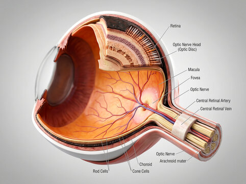 Medical illustration of eye cross section showcasing fovea macula and optic disc.