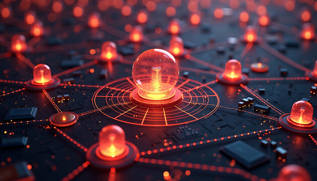 Abstract network of glowing orbs connected by energy lines digital technology concept.