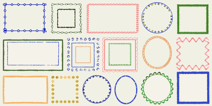 assorted pastel colored frames including rectangles ovals and decorative borders on white background