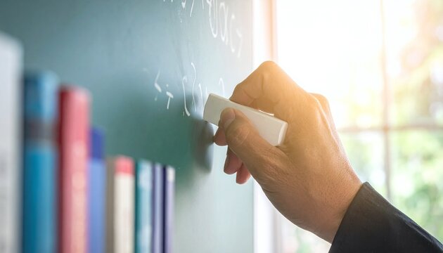 Hand erasing a green chalkboard in a sunlit classroom. Symbolizes new beginnings, academic learning, and correcting errors. Ideal for school, education, and knowledgebased concepts.