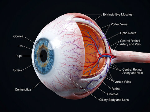 Anatomical model of human eye globe showcasing optic nerve and retinal blood vessels.