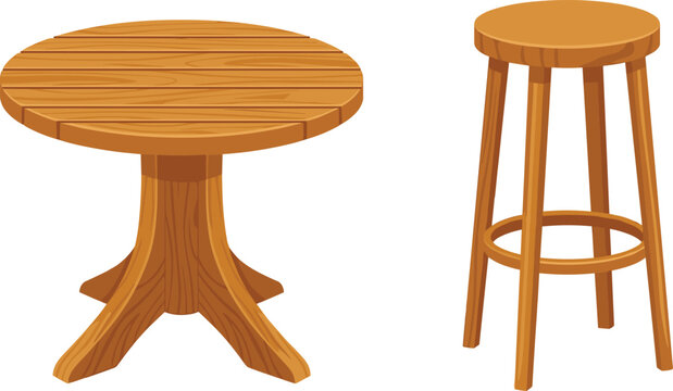 Wooden Round Table and High Bar Stool Vector Icon Set for Restaurant Cafe Interiors, Pub Furniture, and Rustic Home Kitchen Graphic Designs