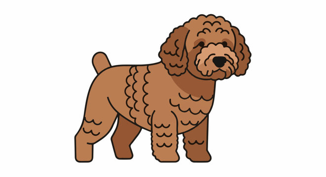 Cartoonish brown dog with curly fur, standing alert on a white background