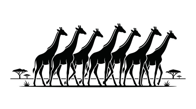 Silhouette of a herd of giraffes walking in a line.
