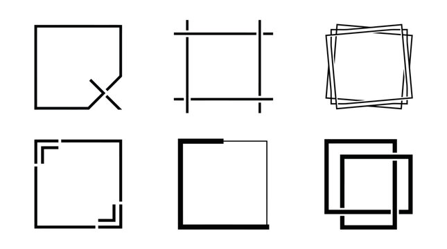Set of six unique square frame designs with various line styles and arrangements.