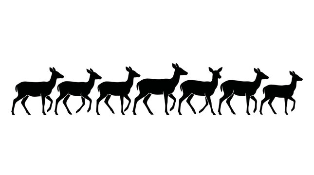 Silhouettes of a herd of deer walking in a line, isolated on white background.