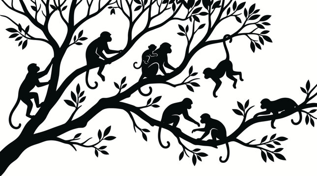 Silhouettes of playful monkeys climbing and resting on tree branches.