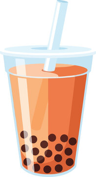Thai milk tea with tapioca pearls and straw in plastic cup vector can editable