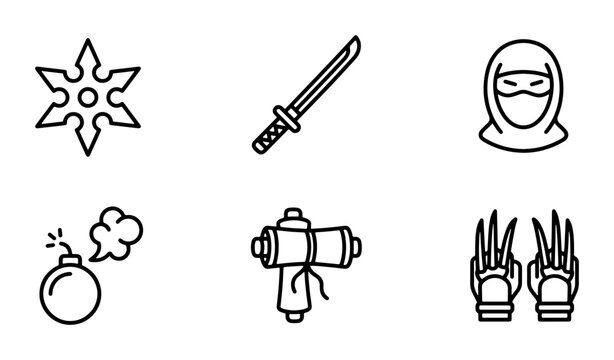 Ninja Weapon Icons, Martial Arts Tools, Stealth Combat Gear, Japanese Warrior Symbols, Vector Set