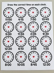 Naklejka premium Educational math worksheet for children to practice telling time on clocks