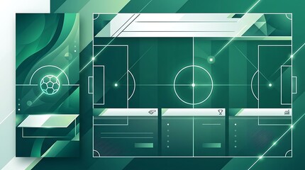 Obraz premium A digital illustration of a soccer field's center circle viewed from above with white lines and markings on a green background with futuristic technology elements surrounding.