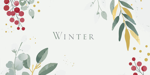 watercolor floral arrangement with berries and leaves pale blue and gold tones © Ramendranath