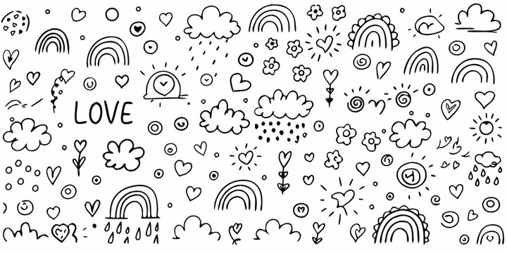 hand drawn doodle pattern with rainbows hearts clouds and the word love on white background