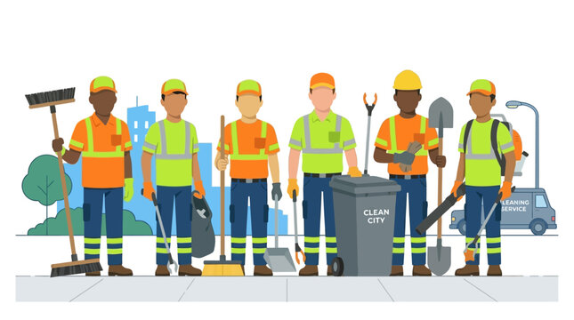 A group of diverse sanitation workers standing together in high visibility uniforms with cleaning equipment.