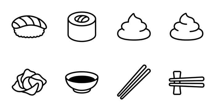 Sushi Icons Set: Nigiri, Maki Roll, Wasabi, Ginger, Soy Sauce, Chopsticks, Chopstick Rest