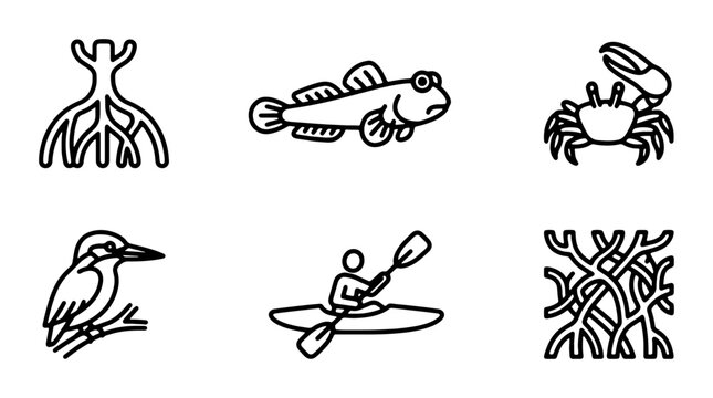 Mangrove Ecosystem Icons: Mudskipper, Crab, Kingfisher, Kayaker, Roots, Set