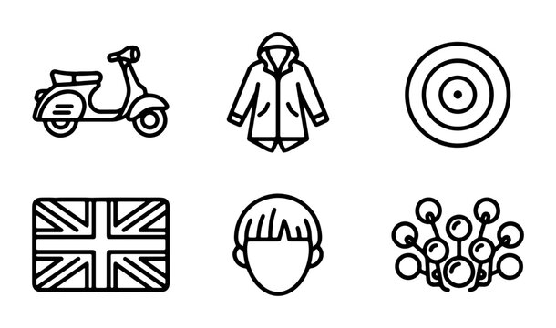 Mod Scooter, Parka Jacket, Target Symbol, Union Jack Flag, Hairstyle, Music Icons: Retro British Subculture Vector Set
