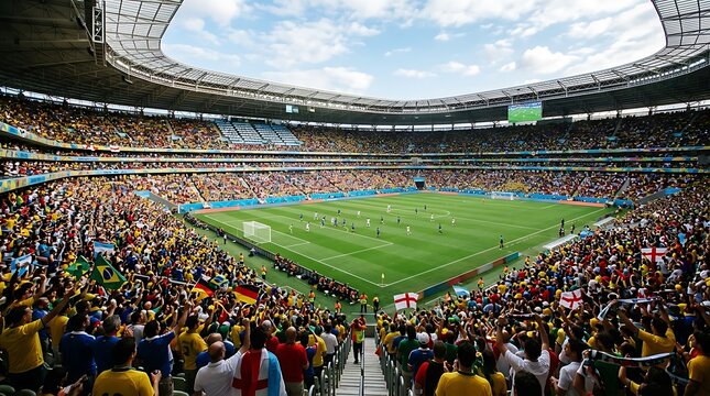 A packed stadium hosts an exciting soccer event with enthusiastic fans cheering on their teams during a match on a sunny day with a lively atmosphere.
