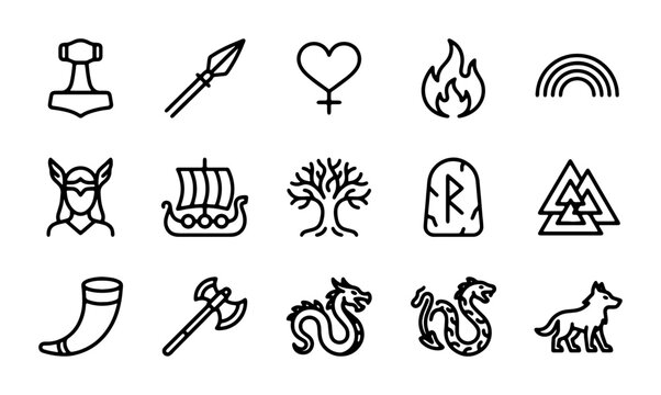 Norse Mythology Icons Set: Viking Symbols, Runes, and Ancient Gods Vector Graphics